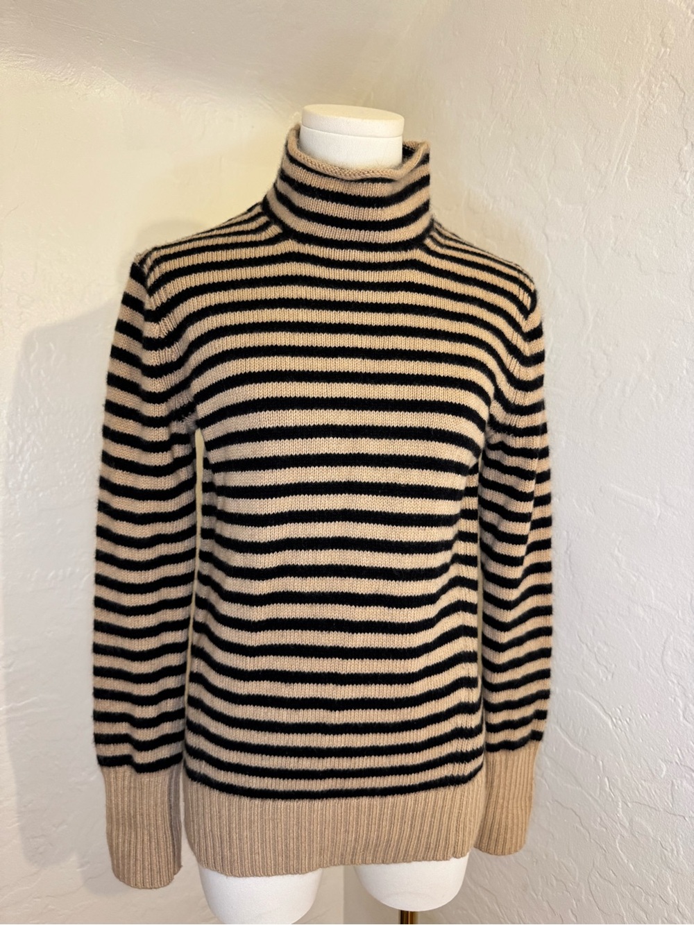 J.Crew Black Beige Striped Wool Cashmere Turtleneck Sweater Size XS Fits S